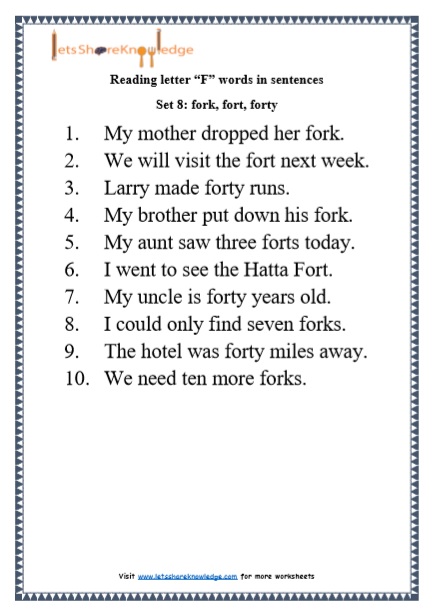 Kindergarten Reading Practice for Letter "F" Words in Sentences Printable Worksheets