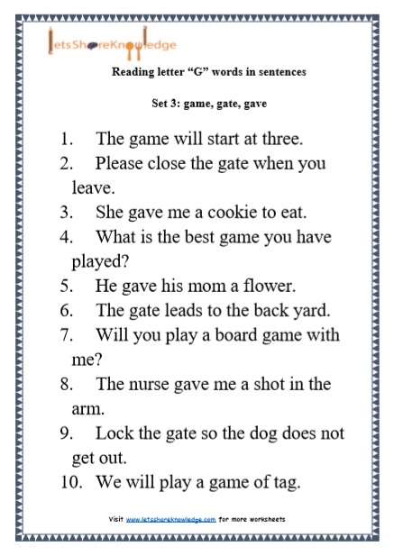  Kindergarten Reading Practice for Letter “G” words in Sentences Printable Worksheets Worksheets