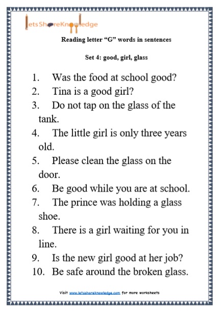  Kindergarten Reading Practice for Letter “G” words in Sentences Printable Worksheets Worksheet 
