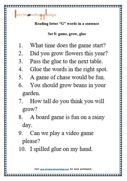  Kindergarten Reading Practice for Letter “G” words in Sentences Printable Worksheets Worksheet