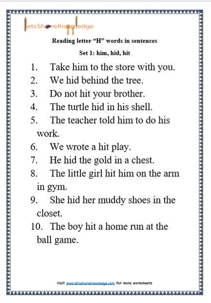 Kindergarten Reading Practice For Letter H Words In Sentences Printable Worksheets Lets Share Knowledge