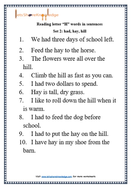  Kindergarten Reading Practice for Letter “H” words in Sentences Printable Worksheets 