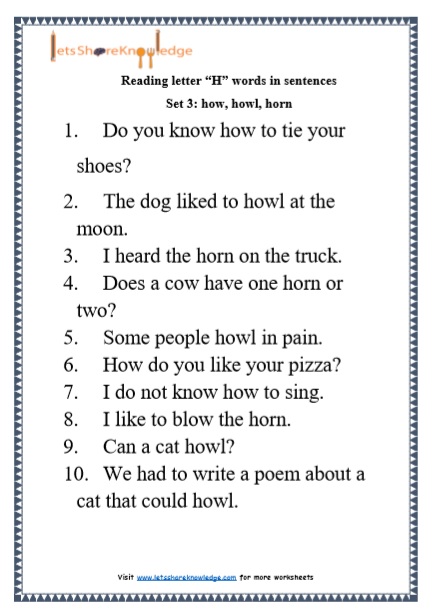  Kindergarten Reading Practice for Letter “H” words in Sentences Printable Worksheets Worksheets