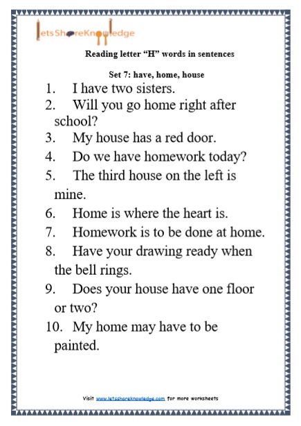 Kindergarten Reading Practice for Letter "H" Words in Sentences Printable Worksheets