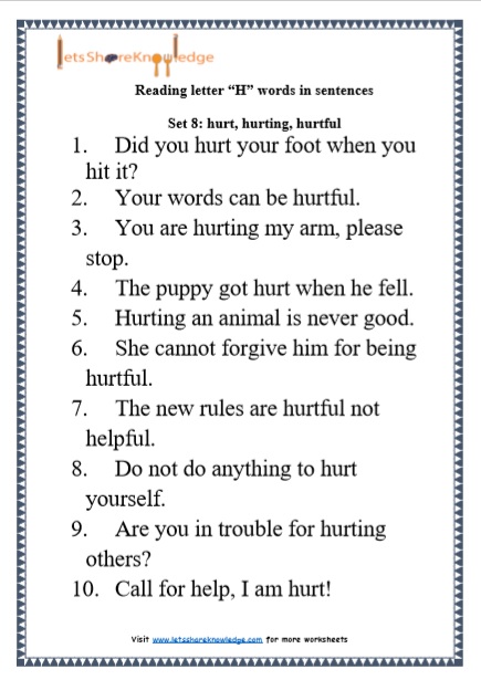  Kindergarten Reading Practice for Letter “H” words in Sentences Printable Worksheets Worksheet