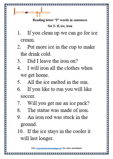 Kindergarten Reading Practice for Letter “I” words in Sentences Printable Worksheets 