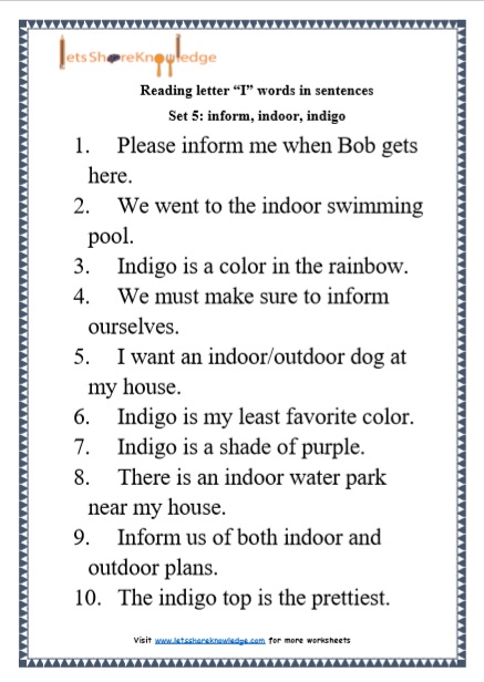  Kindergarten Reading Practice for Letter “I” words in Sentences Printable Worksheets Worksheet