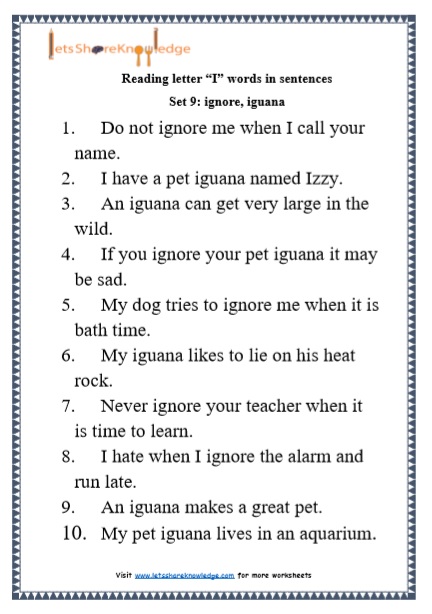 Kindergarten Reading Practice for Letter "I" Words in Sentences Printable Worksheets