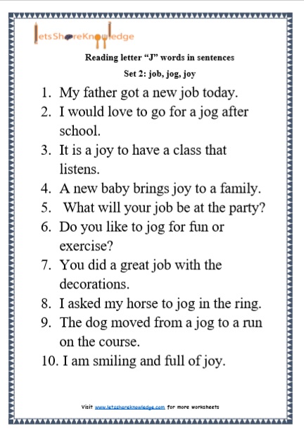  Kindergarten Reading Practice for Letter “J” words in Sentences Printable Worksheets 
