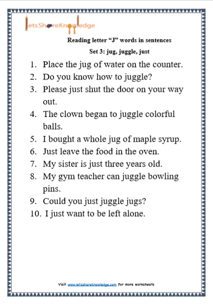  Kindergarten Reading Practice for Letter “J” words in Sentences Printable Worksheets Worksheets