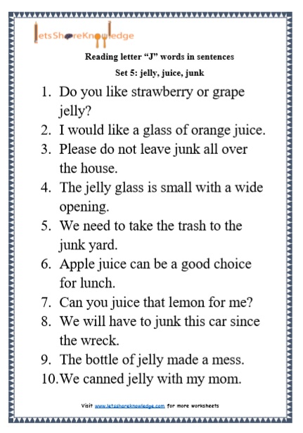  Kindergarten Reading Practice for Letter “J” words in Sentences Printable Worksheets Worksheet