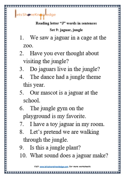  Kindergarten Reading Practice for Letter “J” words in Sentences Printable Worksheets Worksheet