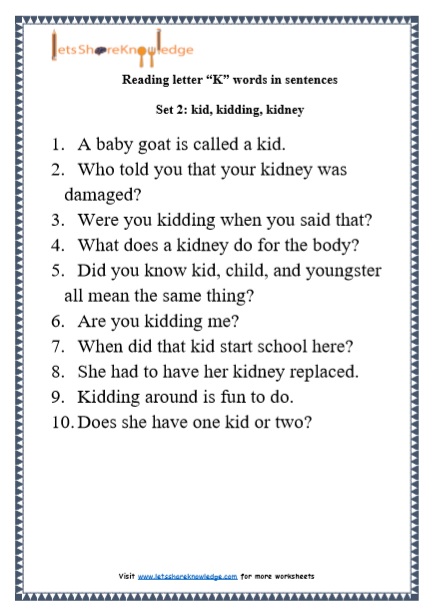  Kindergarten Reading Practice for Letter “K” words in Sentences Printable Worksheets 