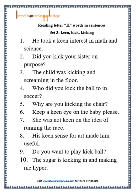  Kindergarten Reading Practice for Letter “K” words in Sentences Printable Worksheets Worksheets