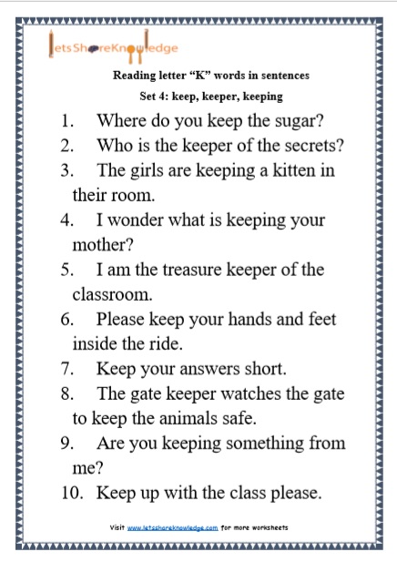  Kindergarten Reading Practice for Letter “K” words in Sentences Printable Worksheets Worksheet 
