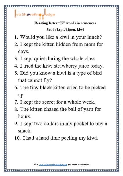  Kindergarten Reading Practice for Letter “K” words in Sentences Printable Worksheets Worksheet