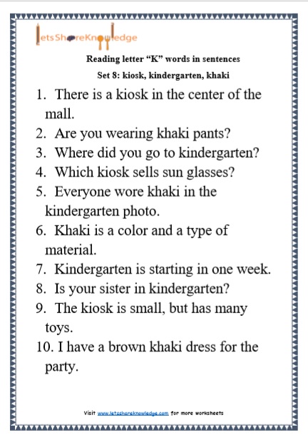 Kindergarten Reading Practice for Letter "K" Words in Sentences Printable Worksheets