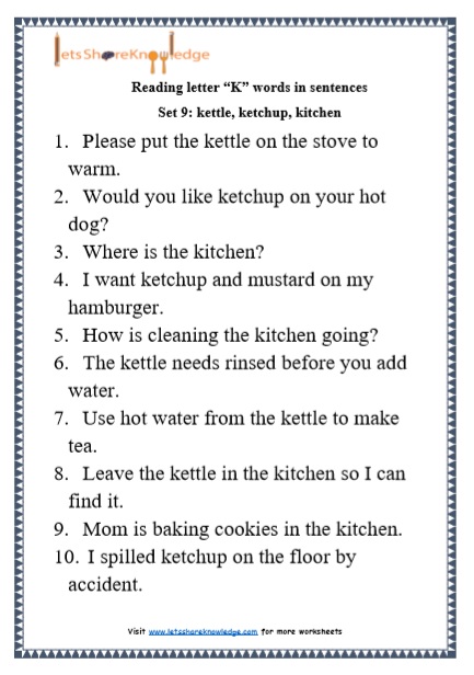  Kindergarten Reading Practice for Letter “K” words in Sentences Printable Worksheets Worksheet