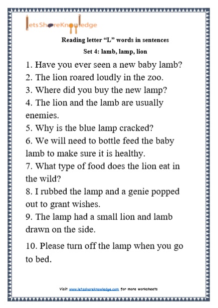  Kindergarten Reading Practice for Letter “L” words in Sentences Printable Worksheets Worksheet 