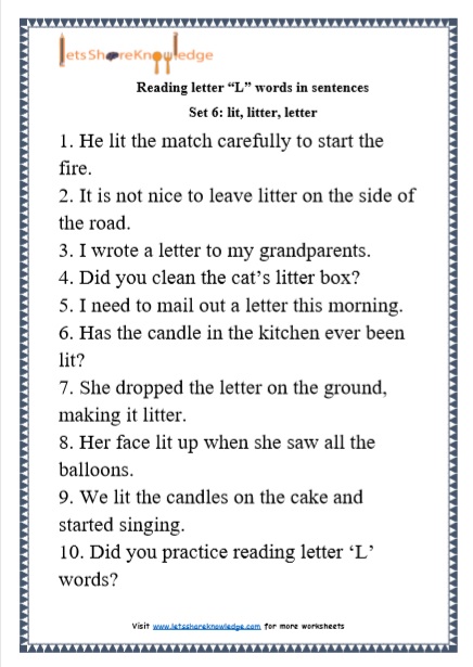 Kindergarten Reading Practice for Letter "L" Words in Sentences Printable Worksheets