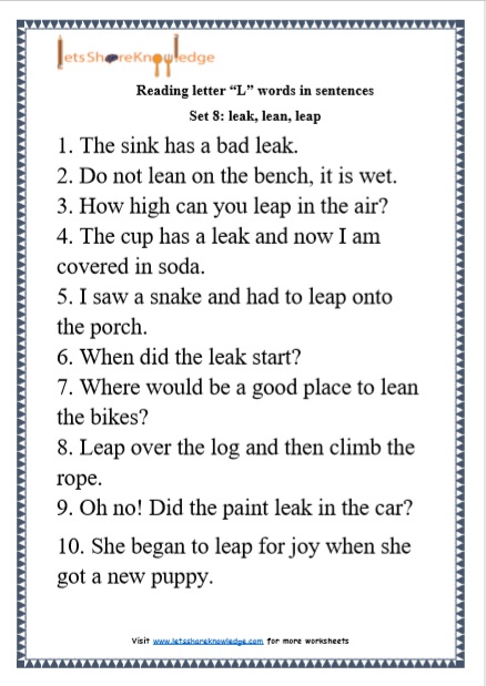  Kindergarten Reading Practice for Letter “L” words in Sentences Printable Worksheets Worksheet