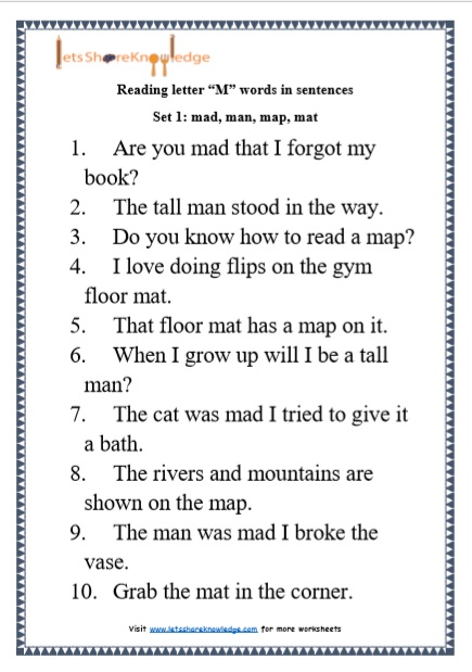  Kindergarten Reading Practice for Letter “M” words in Sentences Printable Worksheets Worksheet