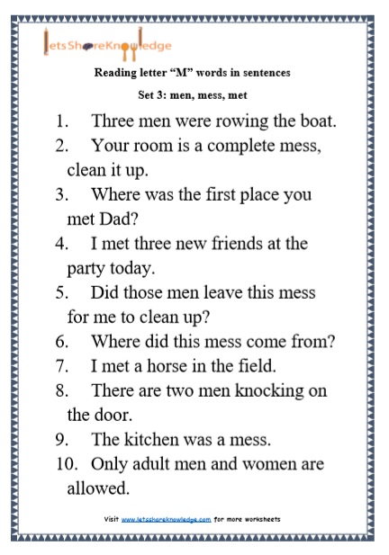  Kindergarten Reading Practice for Letter “M” words in Sentences Printable Worksheets Worksheets