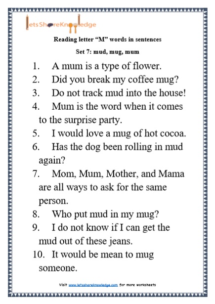 Kindergarten Reading Practice for Letter "M" Words in Sentences Printable Worksheets