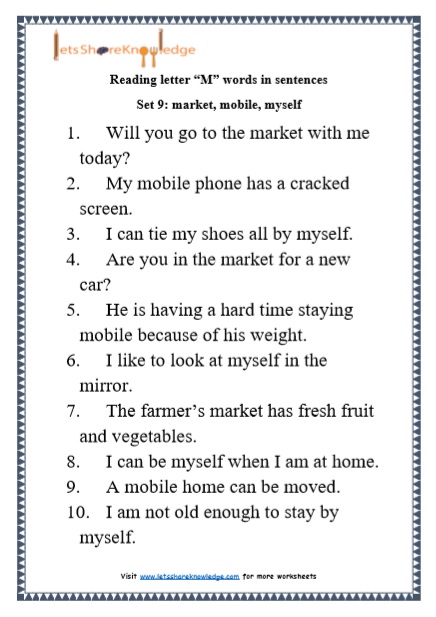  Kindergarten Reading Practice for Letter “M” words in Sentences Printable Worksheets Worksheet