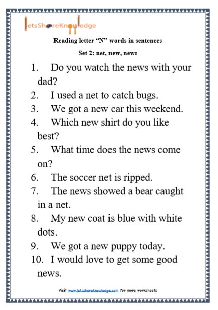  Kindergarten Reading Practice for Letter “N” words in Sentences Printable Worksheets 