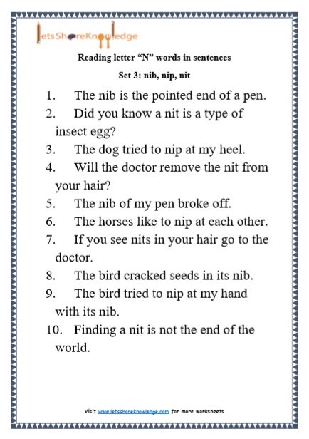  Kindergarten Reading Practice for Letter “N” words in Sentences Printable Worksheets Worksheets
