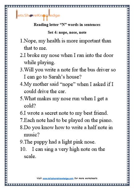  Kindergarten Reading Practice for Letter “N” words in Sentences Printable Worksheets Worksheet 