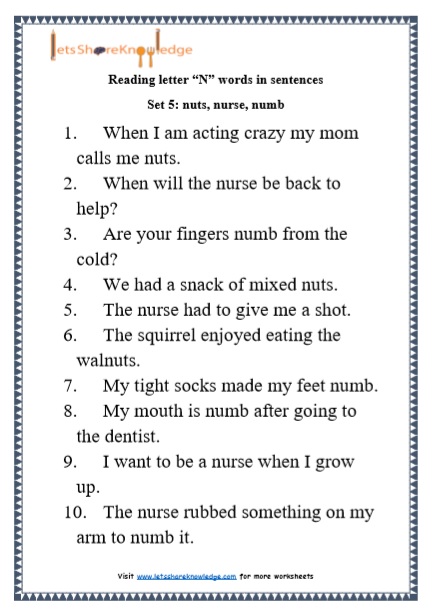  Kindergarten Reading Practice for Letter “N” words in Sentences Printable Worksheets Worksheet