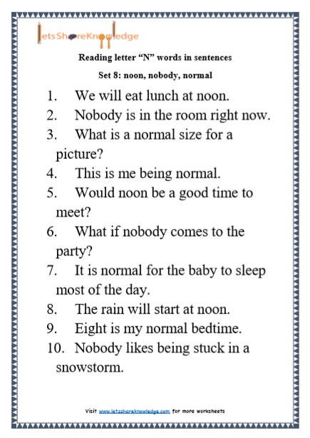 Kindergarten Reading Practice for Letter "N" Words in Sentences Printable Worksheets