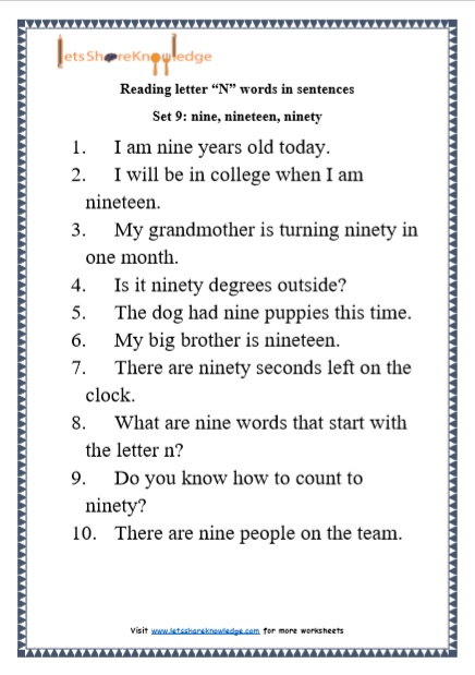  Kindergarten Reading Practice for Letter “N” words in Sentences Printable Worksheets Worksheet