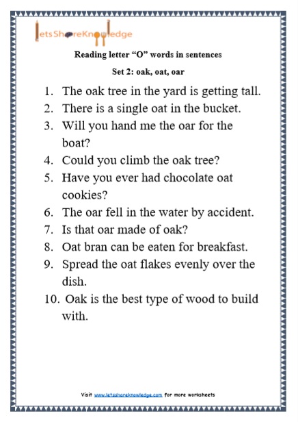  Kindergarten Reading Practice for Letter “O” words in Sentences Printable Worksheets 