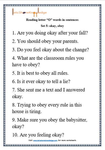  Kindergarten Reading Practice for Letter “O” words in Sentences Printable Worksheets Worksheet
