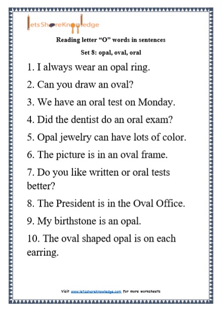  Kindergarten Reading Practice for Letter “O” words in Sentences Printable Worksheets Worksheet