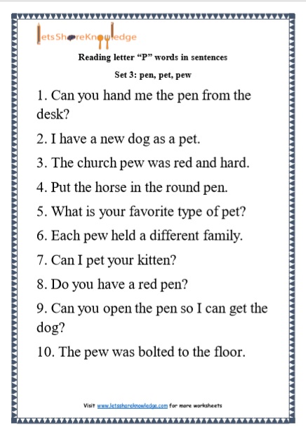  Kindergarten Reading Practice for Letter “P” words in Sentences Printable Worksheets Worksheets
