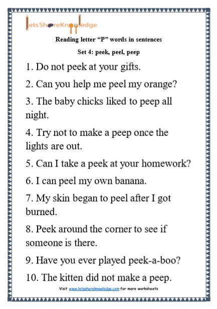  Kindergarten Reading Practice for Letter “P” words in Sentences Printable Worksheets Worksheet 
