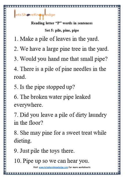  Kindergarten Reading Practice for Letter “P” words in Sentences Printable Worksheets Worksheet