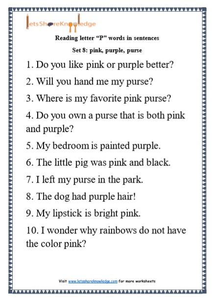 Kindergarten Reading Practice for Letter "P" Words in Sentences Printable Worksheets