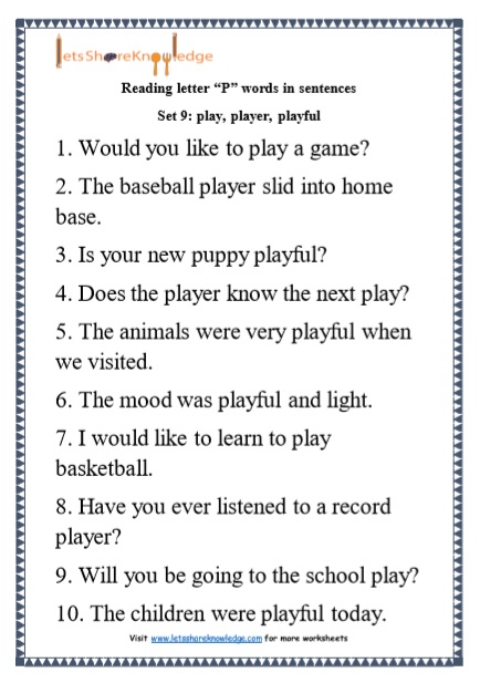  Kindergarten Reading Practice for Letter “P” words in Sentences Printable Worksheets Worksheet