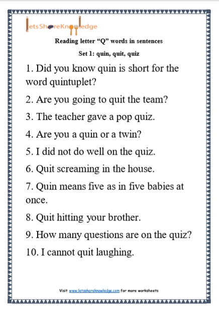  Kindergarten Reading Practice for Letter “Q” words in Sentences Printable Worksheets Worksheet