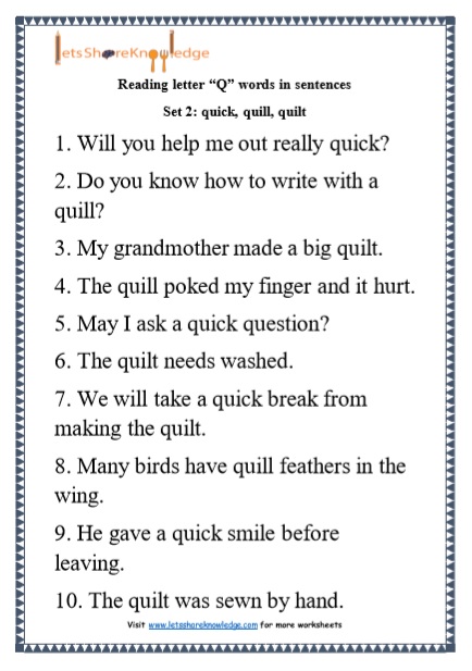  Kindergarten Reading Practice for Letter “Q” words in Sentences Printable Worksheets 