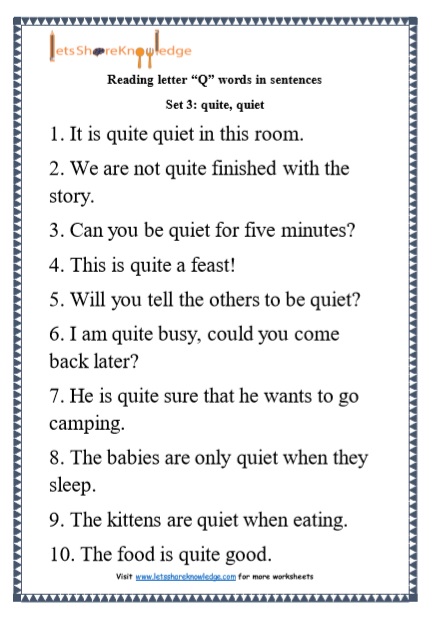  Kindergarten Reading Practice for Letter “Q” words in Sentences Printable Worksheets Worksheets