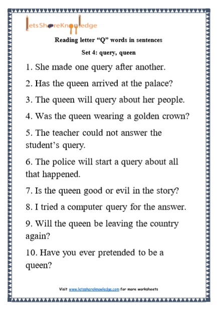  Kindergarten Reading Practice for Letter “Q” words in Sentences Printable Worksheets Worksheet 