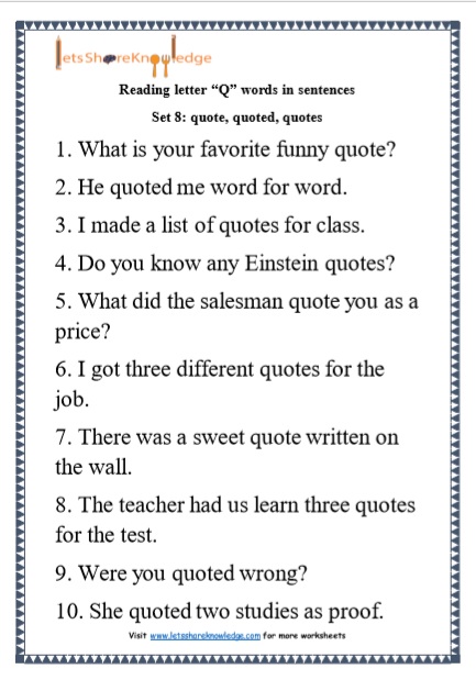 Kindergarten Reading Practice for Letter "Q" Words in Sentences Printable Worksheets