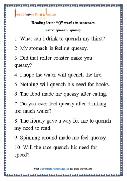  Kindergarten Reading Practice for Letter “Q” words in Sentences Printable Worksheets Worksheet