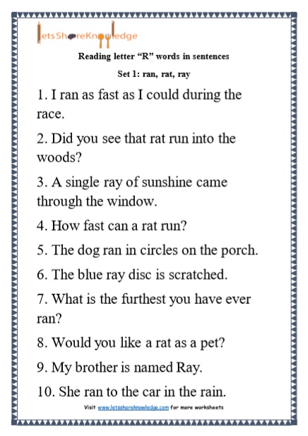 Kindergarten Reading Practice for Letter 